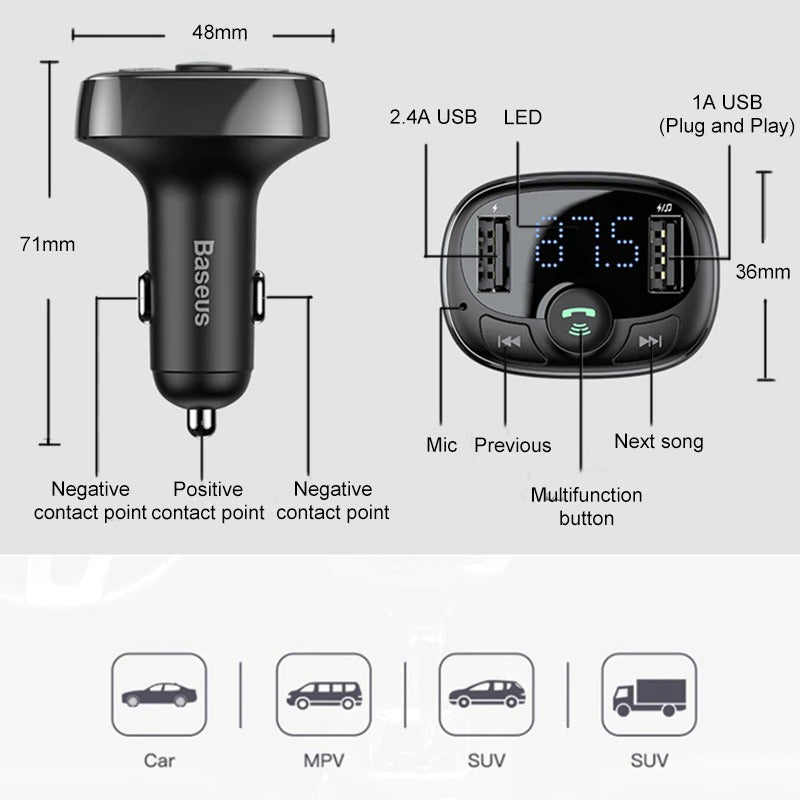 FM Transmitter Bluetooth Aux Audio MP3 Player FM Radio Dual USB Quick Charge Car Charger
