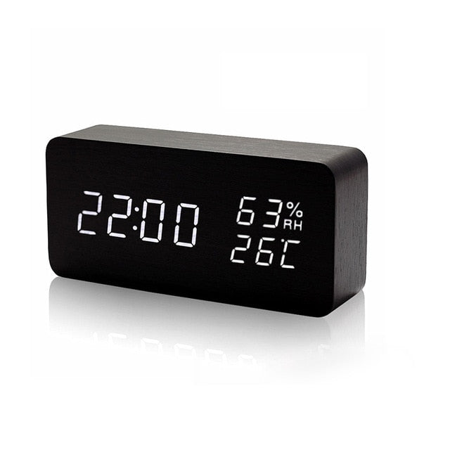 LED Wooden Table Voice Control Digital Wood Alarm Clock