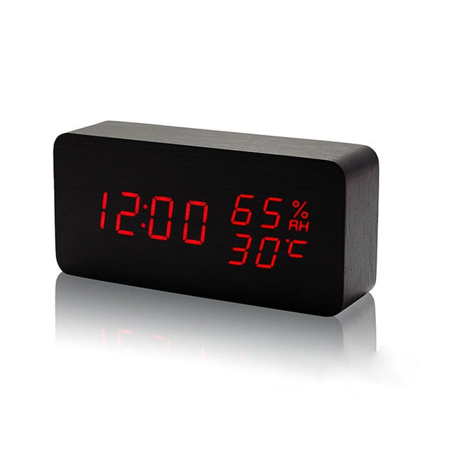 LED Wooden Table Voice Control Digital Wood Alarm Clock